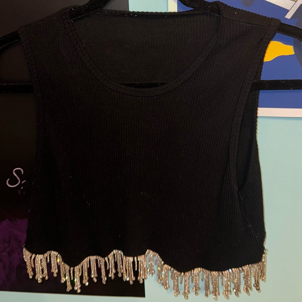 Cropped Black with Silver crystal fringe under chest